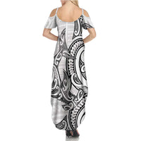 New Zealand Hammerhead Shark Family Matching Summer Maxi Dress and Hawaiian Shirt Maori Haehae Mangopare White - Polynesian Pride