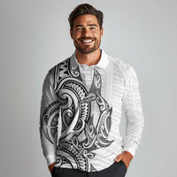 New Zealand Hammerhead Shark Long Sleeve Polo Shirt Maori Haehae Mangopare White - Polynesian Pride