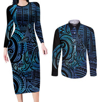 New Zealand Hammerhead Shark Couples Matching Long Sleeve Bodycon Dress and Long Sleeve Button Shirt Maori Haehae Mangopare Galaxy - Polynesian Pride