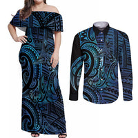 New Zealand Hammerhead Shark Couples Matching Off Shoulder Maxi Dress and Long Sleeve Button Shirt Maori Haehae Mangopare Galaxy - Polynesian Pride
