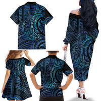 New Zealand Hammerhead Shark Family Matching Off The Shoulder Long Sleeve Dress and Hawaiian Shirt Maori Haehae Mangopare Galaxy - Polynesian Pride