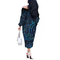 New Zealand Hammerhead Shark Off The Shoulder Long Sleeve Dress Maori Haehae Mangopare Galaxy - Polynesian Pride