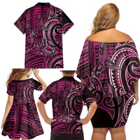 New Zealand Hammerhead Shark Family Matching Off Shoulder Short Dress and Hawaiian Shirt Maori Haehae Mangopare Pink - Polynesian Pride