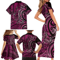 New Zealand Hammerhead Shark Family Matching Short Sleeve Bodycon Dress and Hawaiian Shirt Maori Haehae Mangopare Pink - Polynesian Pride