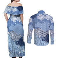 Blue Palaka Japanese Patterns Couples Matching Off Shoulder Maxi Dress and Long Sleeve Button Shirt Asanoha Seigaiha Sakura Motif LT14 - Polynesian Pride