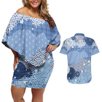 Blue Palaka Japanese Patterns Couples Matching Off Shoulder Short Dress and Hawaiian Shirt Asanoha Seigaiha Sakura Motif - Polynesian Pride