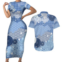 Blue Palaka Japanese Patterns Couples Matching Short Sleeve Bodycon Dress and Hawaiian Shirt Asanoha Seigaiha Sakura Motif - Polynesian Pride