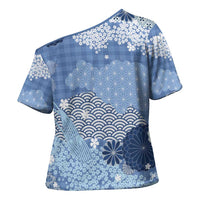 Blue Palaka Japanese Patterns Cross Shoulder Shirt Asanoha Seigaiha Sakura Motif LT14 - Polynesian Pride
