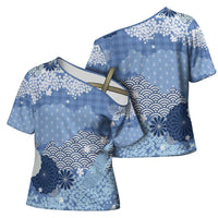 Blue Palaka Japanese Patterns Cross Shoulder Shirt Asanoha Seigaiha Sakura Motif LT14 - Polynesian Pride