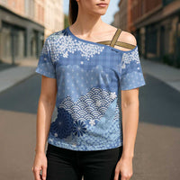 Blue Palaka Japanese Patterns Cross Shoulder Shirt Asanoha Seigaiha Sakura Motif LT14 - Polynesian Pride