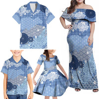 Blue Palaka Japanese Patterns Family Matching Off Shoulder Maxi Dress and Hawaiian Shirt Asanoha Seigaiha Sakura Motif - Polynesian Pride