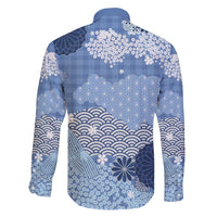 Blue Palaka Japanese Patterns Family Matching Off Shoulder Maxi Dress and Hawaiian Shirt Asanoha Seigaiha Sakura Motif - Polynesian Pride