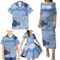 Blue Palaka Japanese Patterns Family Matching Puletasi and Hawaiian Shirt Asanoha Seigaiha Sakura Motif - Polynesian Pride