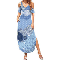 Blue Palaka Japanese Patterns Family Matching Summer Maxi Dress and Hawaiian Shirt Asanoha Seigaiha Sakura Motif - Polynesian Pride