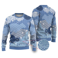 Blue Palaka Japanese Patterns Ugly Christmas Sweater Asanoha Seigaiha Sakura Motif - Polynesian Pride