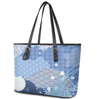 Blue Palaka Japanese Patterns Leather Tote Bag Asanoha Seigaiha Sakura Motif - Polynesian Pride