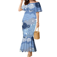 Blue Palaka Japanese Patterns Mermaid Dress Asanoha Seigaiha Sakura Motif - Polynesian Pride