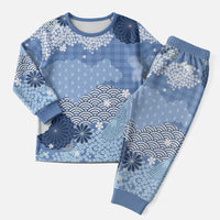 Blue Palaka Japanese Patterns Christmas Pajama Set Asanoha Seigaiha Sakura Motif - Polynesian Pride