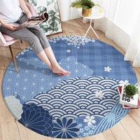 Blue Palaka Japanese Patterns Round Carpet Asanoha Seigaiha Sakura Motif LT14 - Polynesian Pride