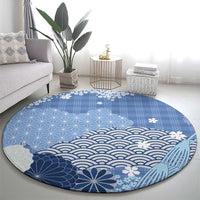 Blue Palaka Japanese Patterns Round Carpet Asanoha Seigaiha Sakura Motif LT14 - Polynesian Pride