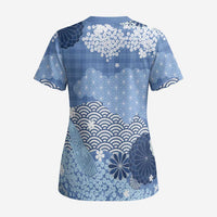Blue Palaka Japanese Patterns Scrub Top Asanoha Seigaiha Sakura Motif - Polynesian Pride