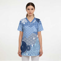 Blue Palaka Japanese Patterns Scrub Top Asanoha Seigaiha Sakura Motif - Polynesian Pride