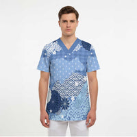 Blue Palaka Japanese Patterns Scrub Top Asanoha Seigaiha Sakura Motif - Polynesian Pride