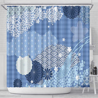 Blue Palaka Japanese Patterns Shower Curtain Asanoha Seigaiha Sakura Motif - Polynesian Pride