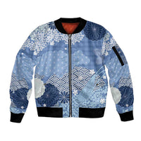 Blue Palaka Japanese Patterns Sleeve Zip Bomber Jacket Asanoha Seigaiha Sakura Motif - Polynesian Pride