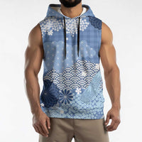 Blue Palaka Japanese Patterns Sleeveless Hoodie Asanoha Seigaiha Sakura Motif LT14 - Polynesian Pride