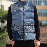Blue Palaka Japanese Patterns Sleeveless Puffer Jacket Asanoha Seigaiha Sakura Motif LT14 - Polynesian Pride