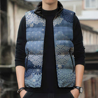 Blue Palaka Japanese Patterns Sleeveless Puffer Jacket Asanoha Seigaiha Sakura Motif LT14 - Polynesian Pride