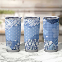 Blue Palaka Japanese Patterns Tumbler Cup Asanoha Seigaiha Sakura Motif - Polynesian Pride