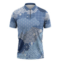 Blue Palaka Japanese Patterns Zipper Polo Shirt Asanoha Seigaiha Sakura Motif - Polynesian Pride