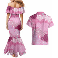 Pink Palaka Japanese Patterns Couples Matching Mermaid Dress and Hawaiian Shirt Asanoha Seigaiha Sakura Motif - Polynesian Pride