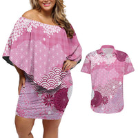 Pink Palaka Japanese Patterns Couples Matching Off Shoulder Short Dress and Hawaiian Shirt Asanoha Seigaiha Sakura Motif - Polynesian Pride