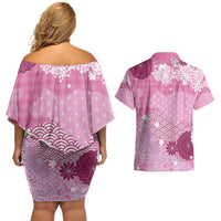 Pink Palaka Japanese Patterns Couples Matching Off Shoulder Short Dress and Hawaiian Shirt Asanoha Seigaiha Sakura Motif - Polynesian Pride