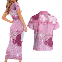 Pink Palaka Japanese Patterns Couples Matching Short Sleeve Bodycon Dress and Hawaiian Shirt Asanoha Seigaiha Sakura Motif - Polynesian Pride