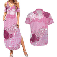 Pink Palaka Japanese Patterns Couples Matching Summer Maxi Dress and Hawaiian Shirt Asanoha Seigaiha Sakura Motif - Polynesian Pride