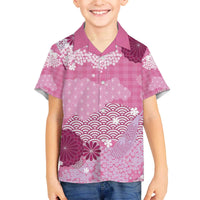 Pink Palaka Japanese Patterns Family Matching Off The Shoulder Long Sleeve Dress and Hawaiian Shirt Asanoha Seigaiha Sakura Motif - Polynesian Pride