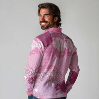 Pink Palaka Japanese Patterns Long Sleeve Polo Shirt Asanoha Seigaiha Sakura Motif - Polynesian Pride