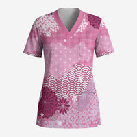 Pink Palaka Japanese Patterns Scrub Top Asanoha Seigaiha Sakura Motif - Polynesian Pride