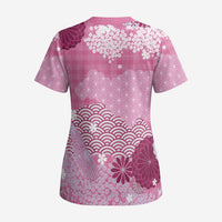 Pink Palaka Japanese Patterns Scrub Top Asanoha Seigaiha Sakura Motif - Polynesian Pride