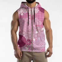 Pink Palaka Japanese Patterns Sleeveless Zip Hoodie Asanoha Seigaiha Sakura Motif - Polynesian Pride
