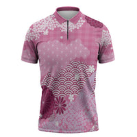 Pink Palaka Japanese Patterns Zipper Polo Shirt Asanoha Seigaiha Sakura Motif - Polynesian Pride