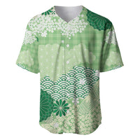 Green Palaka Japanese Patterns Baseball Jersey Asanoha Seigaiha Sakura Motif - Polynesian Pride