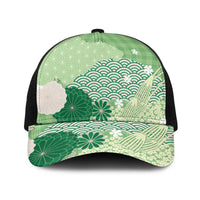 Green Japanese Traditional Motifs Baseball Net Cap Palaka With Asanoha Seigaiha Sakura - Polynesian Pride