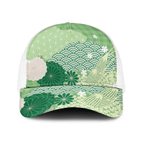 Green Japanese Traditional Motifs Baseball Net Cap Palaka With Asanoha Seigaiha Sakura - Polynesian Pride
