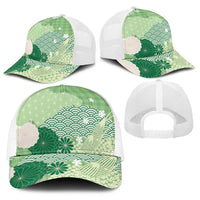 Green Japanese Traditional Motifs Baseball Net Cap Palaka With Asanoha Seigaiha Sakura - Polynesian Pride