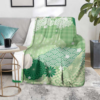 Green Palaka Japanese Patterns Blanket Asanoha Seigaiha Sakura Motif - Polynesian Pride